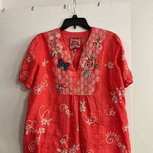 Johnny Was Coral Embroidered Blouse